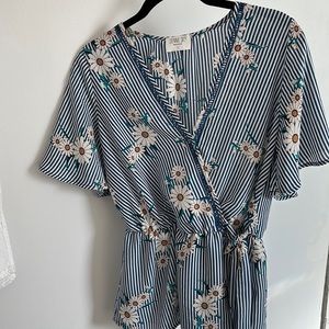 Sienna Sky small blue and white floral Faux Wrap Blouse